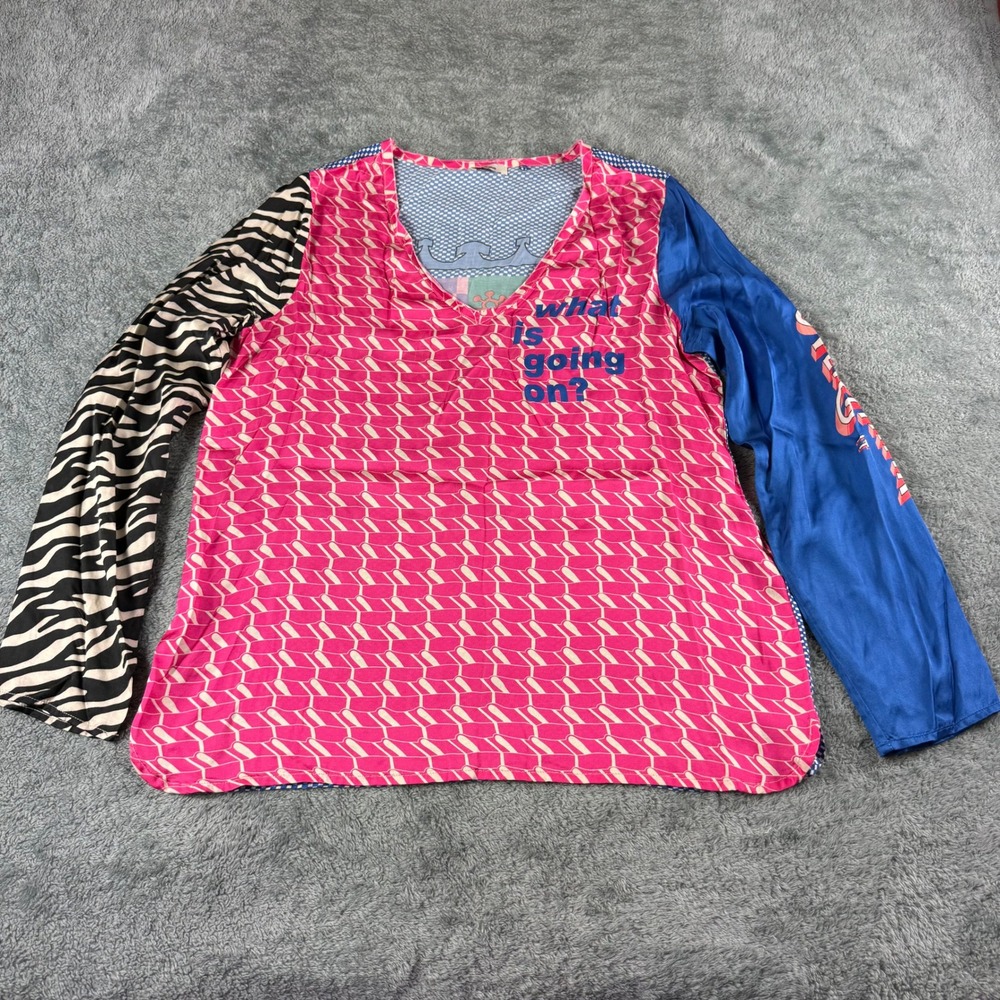 Me369 V-Neck Top S Pink Blue Mixed Print Patchwork Maximalist Graphic Sleeve